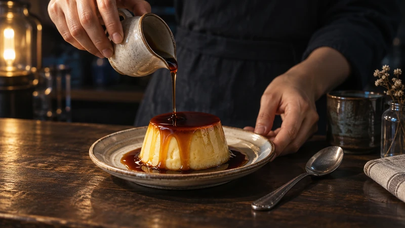 プリンにカラメルを注ぐ手元（生成イメージ）
