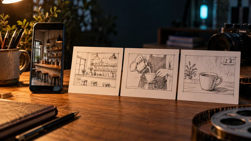 縦向きのスマートフォンと三場面の絵コンテ（生成イメージ）