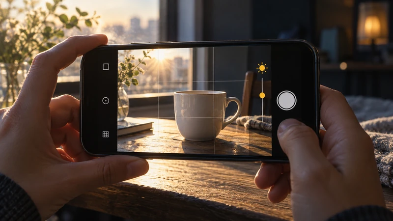 窓際の白いカップとスマートフォンの明るさ調整画面（生成イメージ）