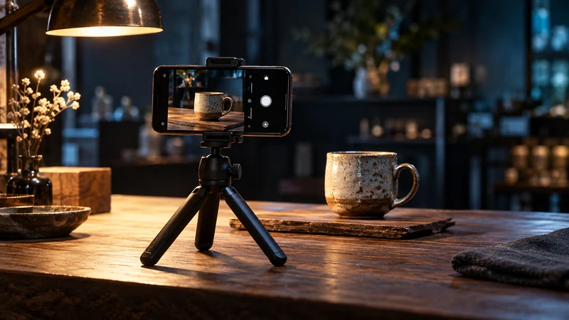 三脚に固定したスマートフォンと撮影するカップ（生成イメージ）