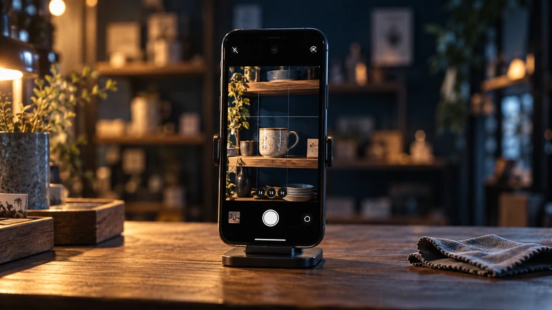 商品棚を映す縦向きのスマートフォンとレンズクロス（生成イメージ）